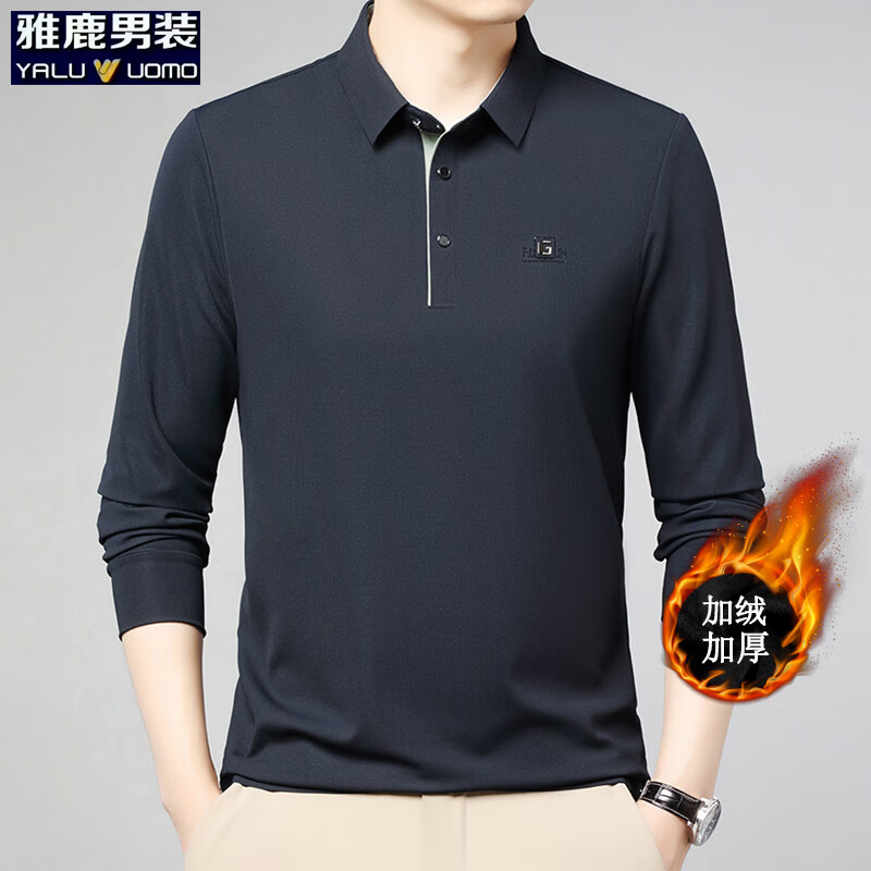 雅鹿 加绒长袖t恤翻领印花宽松polo衫
