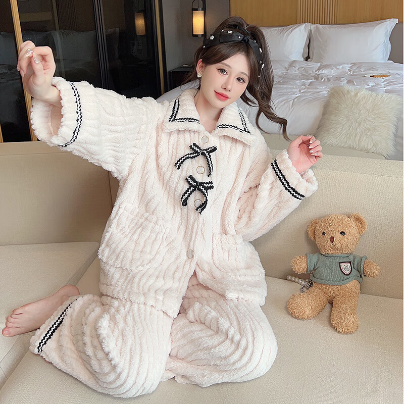 【39.4包邮】俞兆林 女士法兰绒加厚家居服套装 黑边蝴蝶结 L