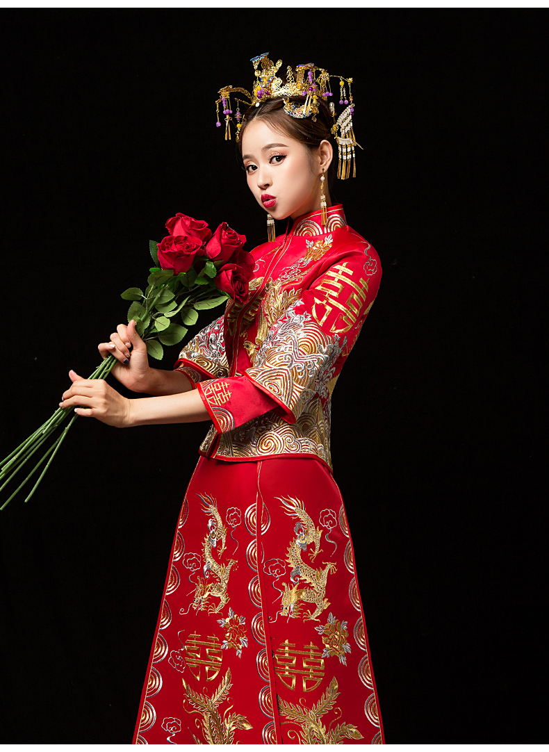 泰勒马丁 秀禾服新娘敬酒服新款结婚礼服古装婚纱旗袍 龙凤双囍百褶裙