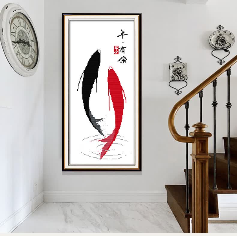 年年有余十字绣线绣2022新款线绣客厅玄关竖款挂件刺绣鱼福图初学者