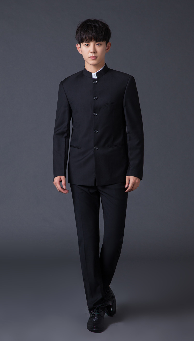 中国风立领修身学生演出服合唱团主持民族服结婚伴郎礼服 黑色中山装