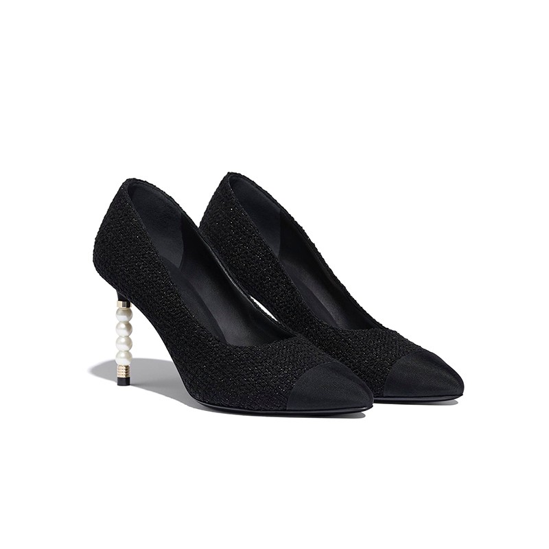 chanel香奈儿女士高跟鞋珍珠鞋跟斜纹软呢罗缎跟高8.