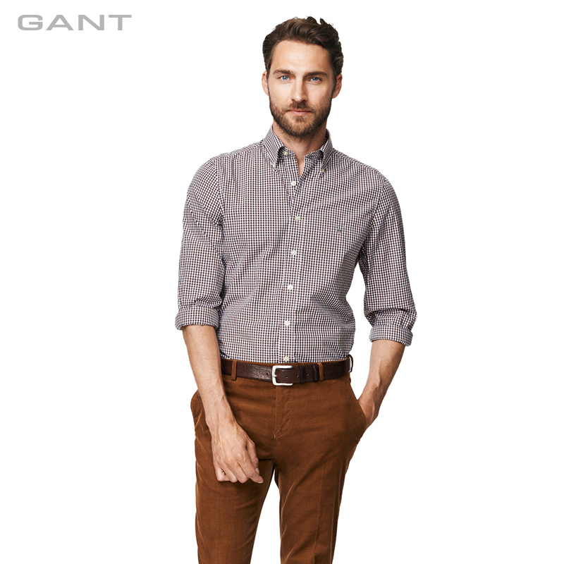 gant 春夏新品 男士长袖格子修身版翻领经典格纹休闲衬衫350502 蓝色