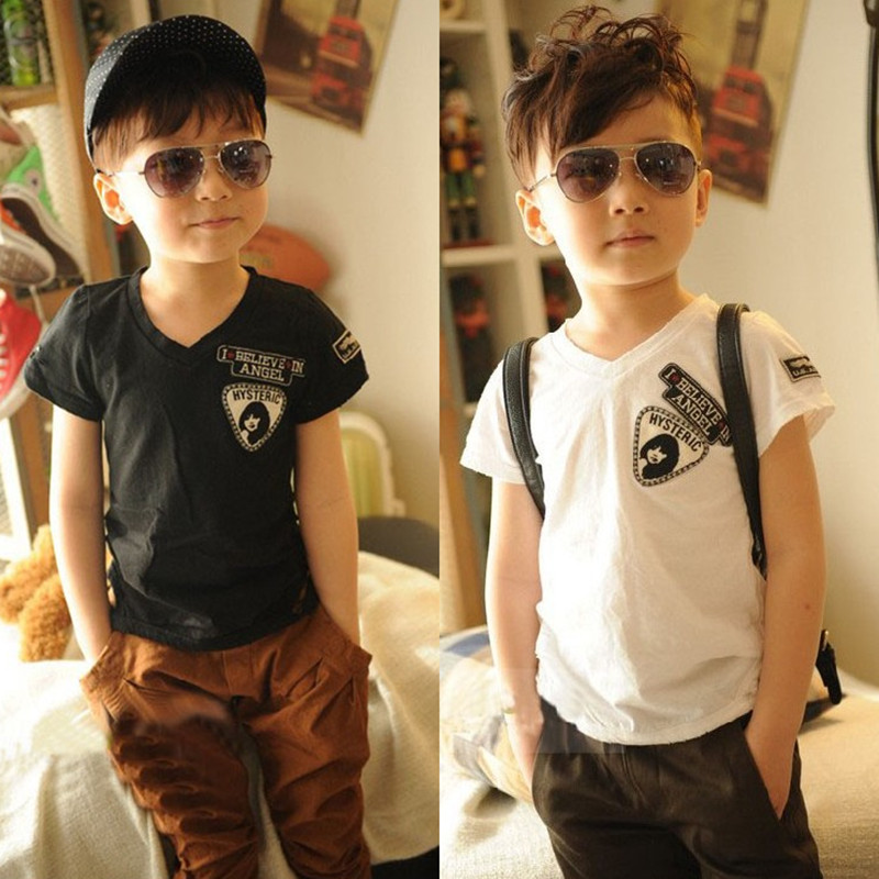 清仓儿童夏装男童短袖纯棉t恤童装夏季帅气潮宝宝男孩子v领 黑色 120