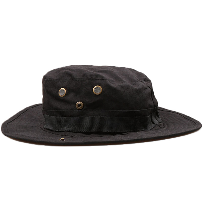 户外军迷防紫外线遮阳奔尼帽圆边帽棉质轻薄透气 黑色 均码