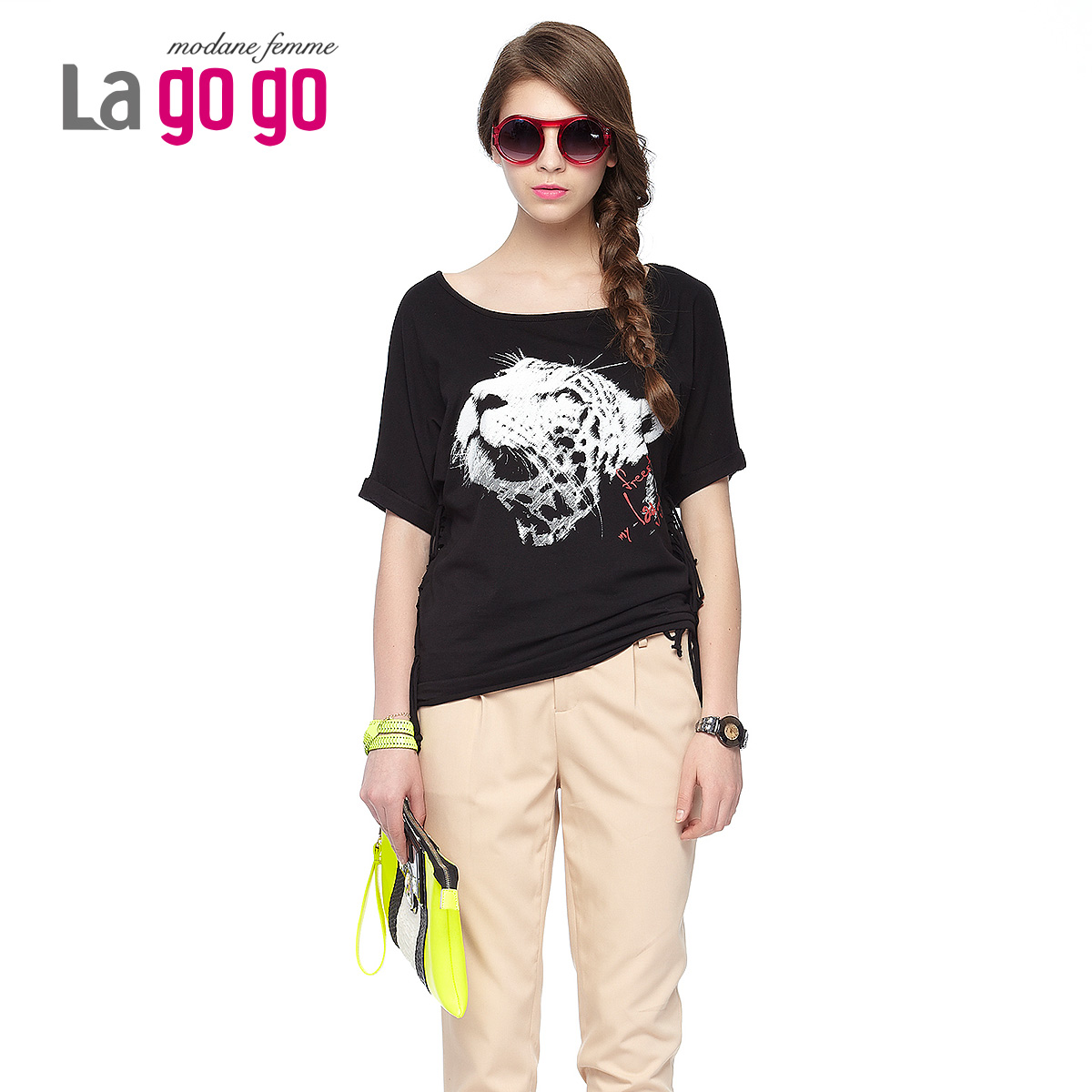 lagogo拉谷谷 夏宽松休闲不规则右侧系腰带纯棉打底衫女2bl791e909