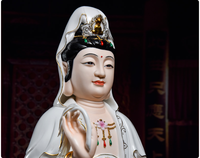 戴玉堂 坐古莲微笑观音菩萨佛像摆件陶瓷观世音坐像家居供奉家用佛堂