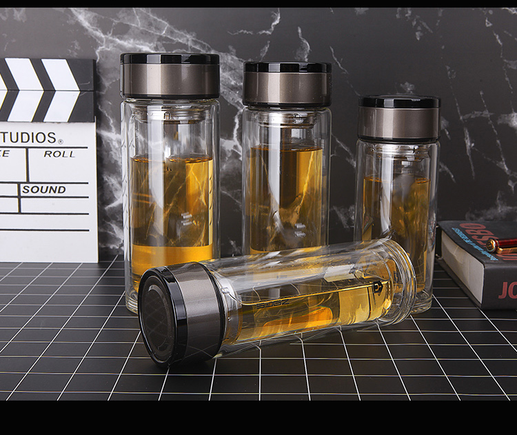 亚泰双层玻璃杯男女商务便携带茶隔办公茶水杯双层隔热加厚底杯子可