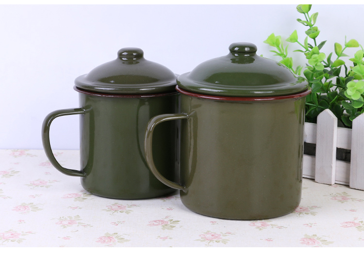 敏程搪瓷缸搪瓷杯怀旧经典老干部茶缸军绿色杯复古老式铁茶缸子有盖可