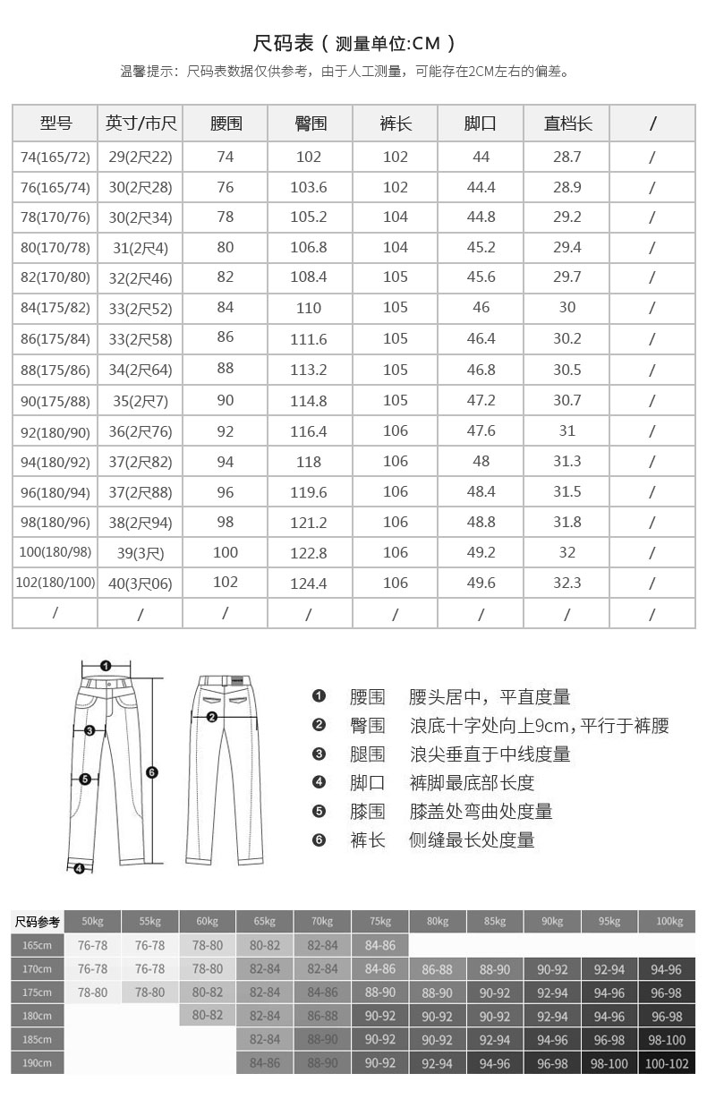 男士西裤尺码表对照表图片