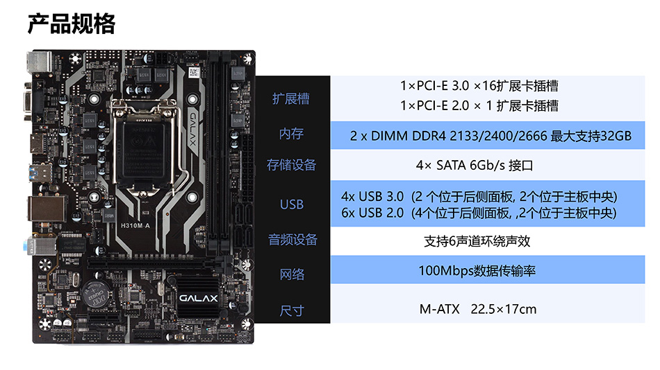 影驰h310m-a 台式机八代游戏主板 ddr4内存 hdmi/vga接口