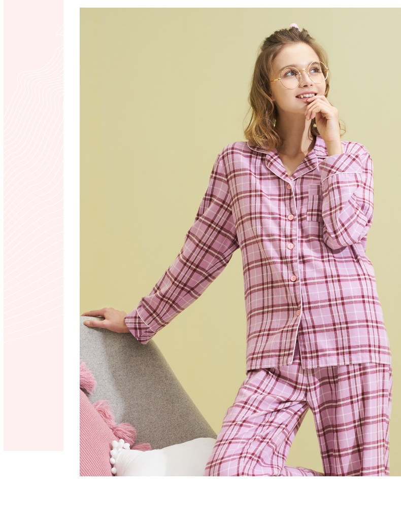 三枪睡衣女 彩格绒布翻领女士长袖长裤家居服套装格子起居服80518 粉