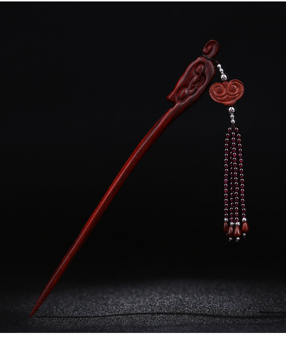 原创设计吉祥如意小叶紫檀发簪女汉服步摇紫牙乌石榴石流苏复古风簪子