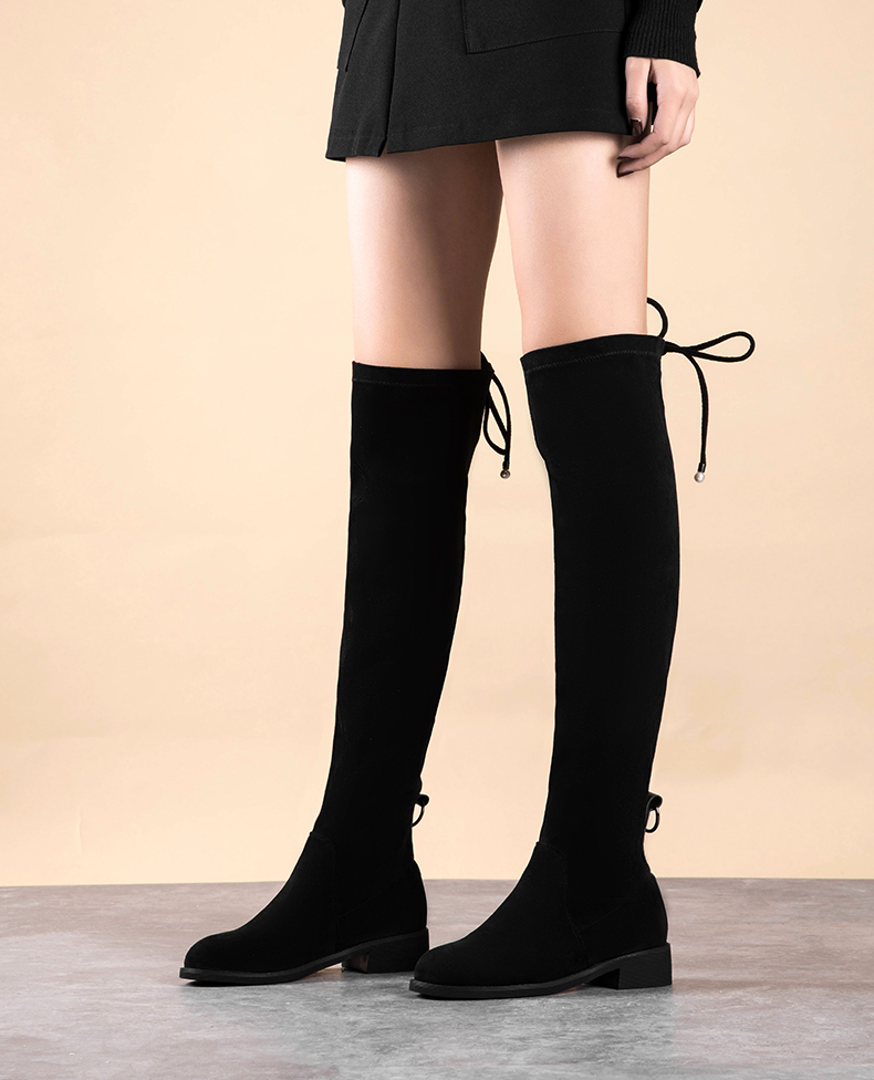 奥康官方女鞋 过膝靴粗跟系带绒里女靴性感显瘦弹力靴 灰色184031054