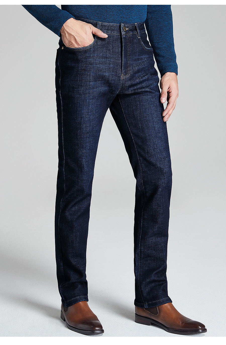 百斯盾(bestn)牛仔裤男中直筒2018秋冬新款加绒加厚保暖男长裤休闲