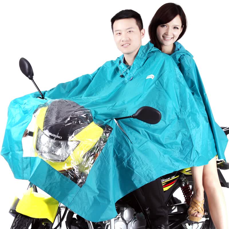 韩版纯色加大加厚摩托车 电动车双人雨衣雨披 天蓝色