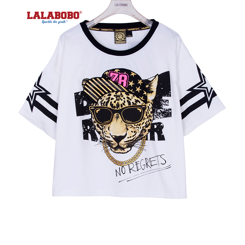 新lalabobo 2015春夏新款女装动物短款短袖t恤 豹子头帽子眼镜t恤