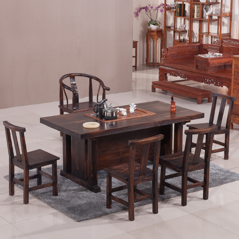 粤顺 实木茶桌 功夫茶几 碳烧木茶几桌 炭烧木茶台桌196 1桌1太师椅4